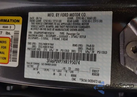 2017 Ford Fusion Sport from USA, damaged, VIN 3FA6P0VP7HR195074